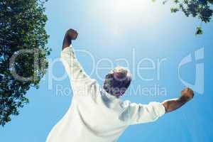 Rear view of businessman with arms outstretched