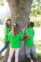 Environmentalists standing around tree