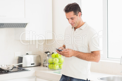 Side view of a man text messaging in kitchen