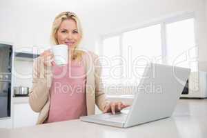 Portrait of beautiful woman with coffee cup using laptop in kitc