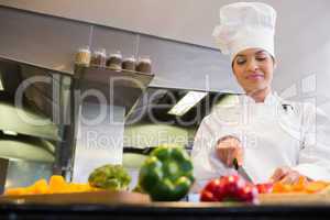 Female chef cutting vegetables in kitchen