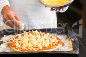 Closeup mid section of a male chef preparing pizza in kitchen