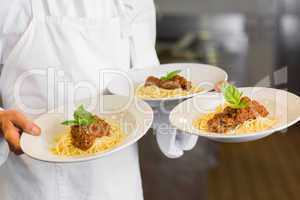 Mid section of a male chef with cooked food in kitchen