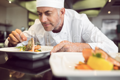 Concentrated male chef garnishing food in kitchen