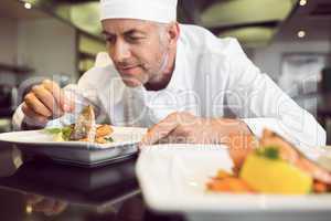 Concentrated male chef garnishing food in kitchen