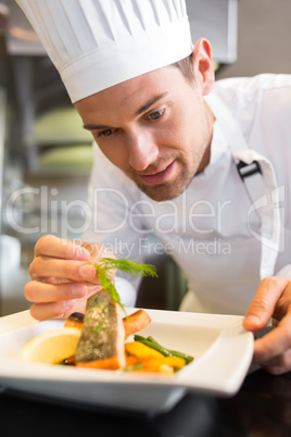 Concentrated male chef garnishing food in kitchen