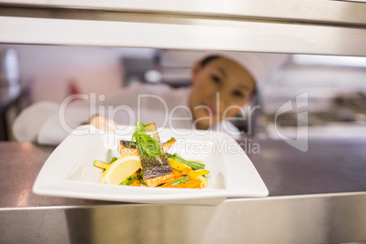 Female chef with cooked food in kitchen