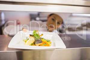 Female chef with cooked food in kitchen