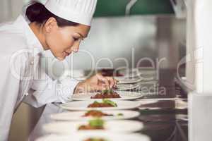 Concentrated female chef garnishing food in kitchen