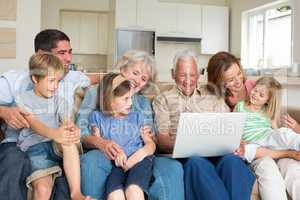 Multigeneration family using laptop in living room