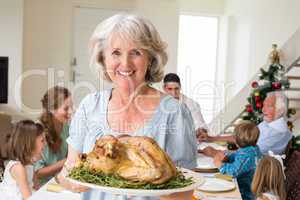 Happy grandmother with Christmas meal