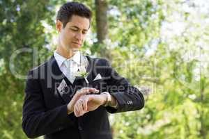 Smart groom checking time in garden