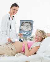 Doctor using ultrasound scanner on pregnant woman