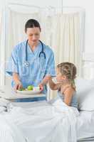 Doctor feeding breakfast to ill girl
