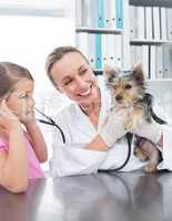 Vet with girl examining puppy in clinic