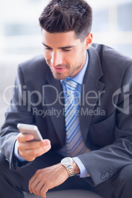 Businessman sitting on sofa sending a text