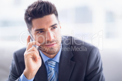 Handsome businessman sitting on sofa making a call