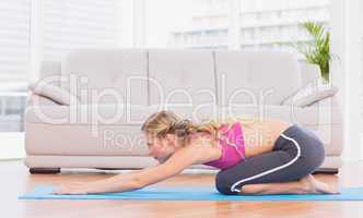 Fit blonde doing pilates on exercise mat