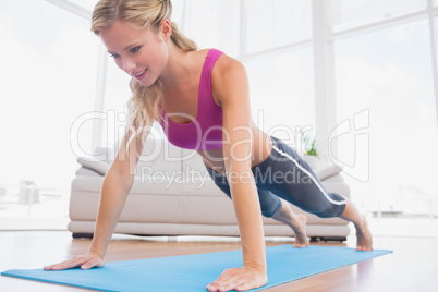 Strong blonde in plank position on exercise mat