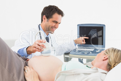 Happy doctor showing pregnant woman her baby on sonagram