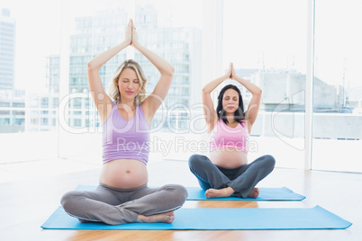 Happy pregnant women in yoga class meditating in lotus pose