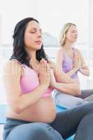 Meditating pregnant women at yoga class sitting with hands toget