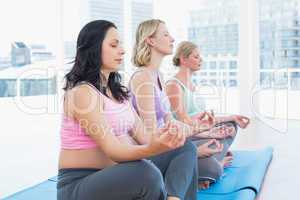 Relaxed pregnant women meditating in yoga class
