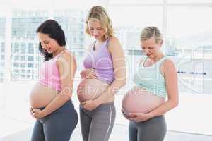 Happy pregnant women standing in a row looking at bumps