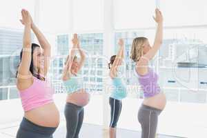 Happy pregnant women in yoga class standing in tree pose