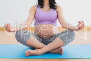 Pregnant brunette sitting on mat in lotus pose
