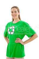 Smiling woman wearing a recycling symbol t-shirt