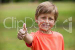 Smiling young boy gesturing thumbs up at park