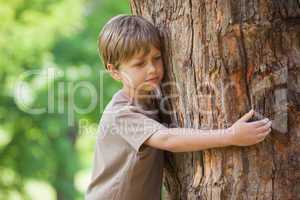 Boy hugging a tree at park