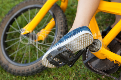 Low section of boy with bicycle at park
