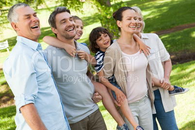 Cheerful extended family standing at park