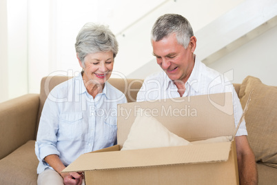 Smiling senior couple moving into new home