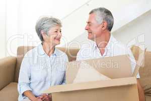 Cheerful senior couple moving into new home