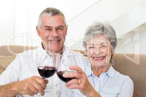 Senior couple sitting on sofa having red wine