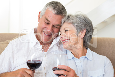 Senior couple sitting on sofa having glasses of red wine