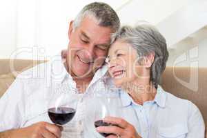 Senior couple sitting on sofa having glasses of red wine