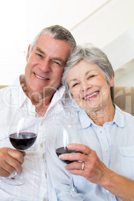 Senior couple sitting on couch having of red wine