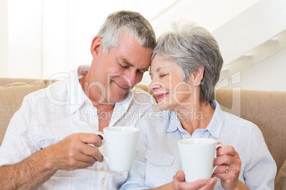 Senior couple sitting on couch drinking coffee touching heads