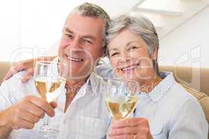 Senior couple sitting on couch having white wine