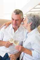 Senior couple sitting on couch having white wine