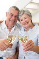 Senior couple sitting on couch having white wine