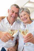 Senior couple sitting on couch having white wine