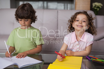 Siblings drawing in the living room