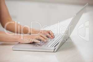 Side view of hands using laptop
