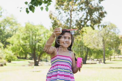 Cheerful girl blowing soap bubbles at park