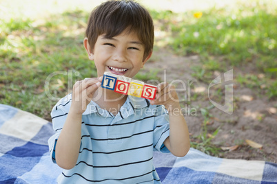 Happy boy holding block alphabets as toys' at park